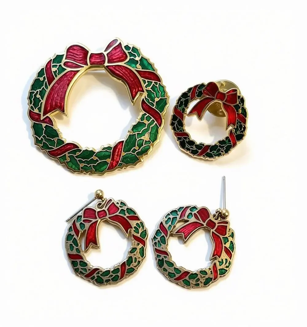 Vintage Christmas Wreath Brooch Pin Earrings Set Red Bow Enameled
